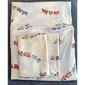 VTG Pottery Barn Kids Train Junction Dog Twin Flat Sheets Pillowcases 4 PCs Blue